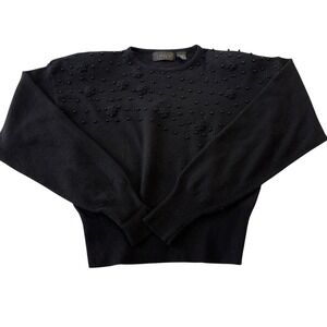 Vintage 80s Tomboy Black Pearl Beaded Floral Lambs Wool Knit Sweater Size M